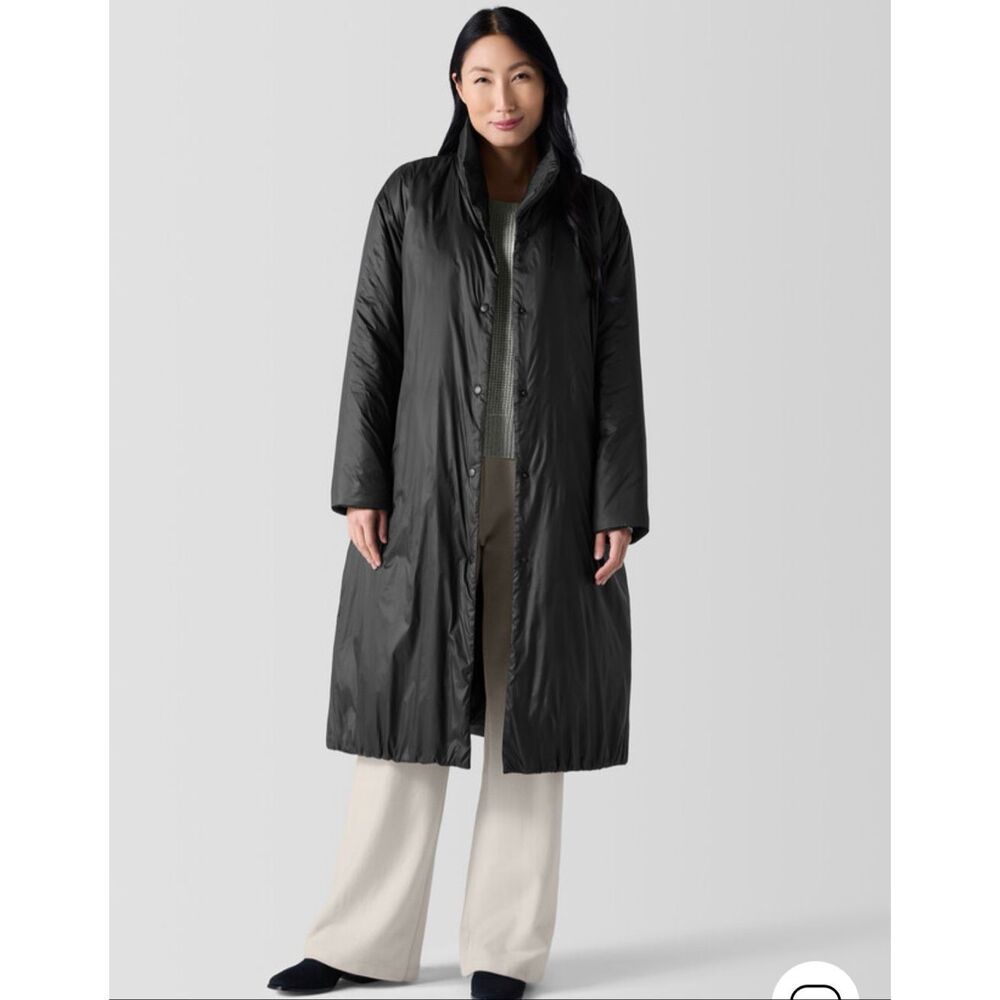 Eileen Fisher Long Down Puffer Coat Eggshell Gray Minimalist L